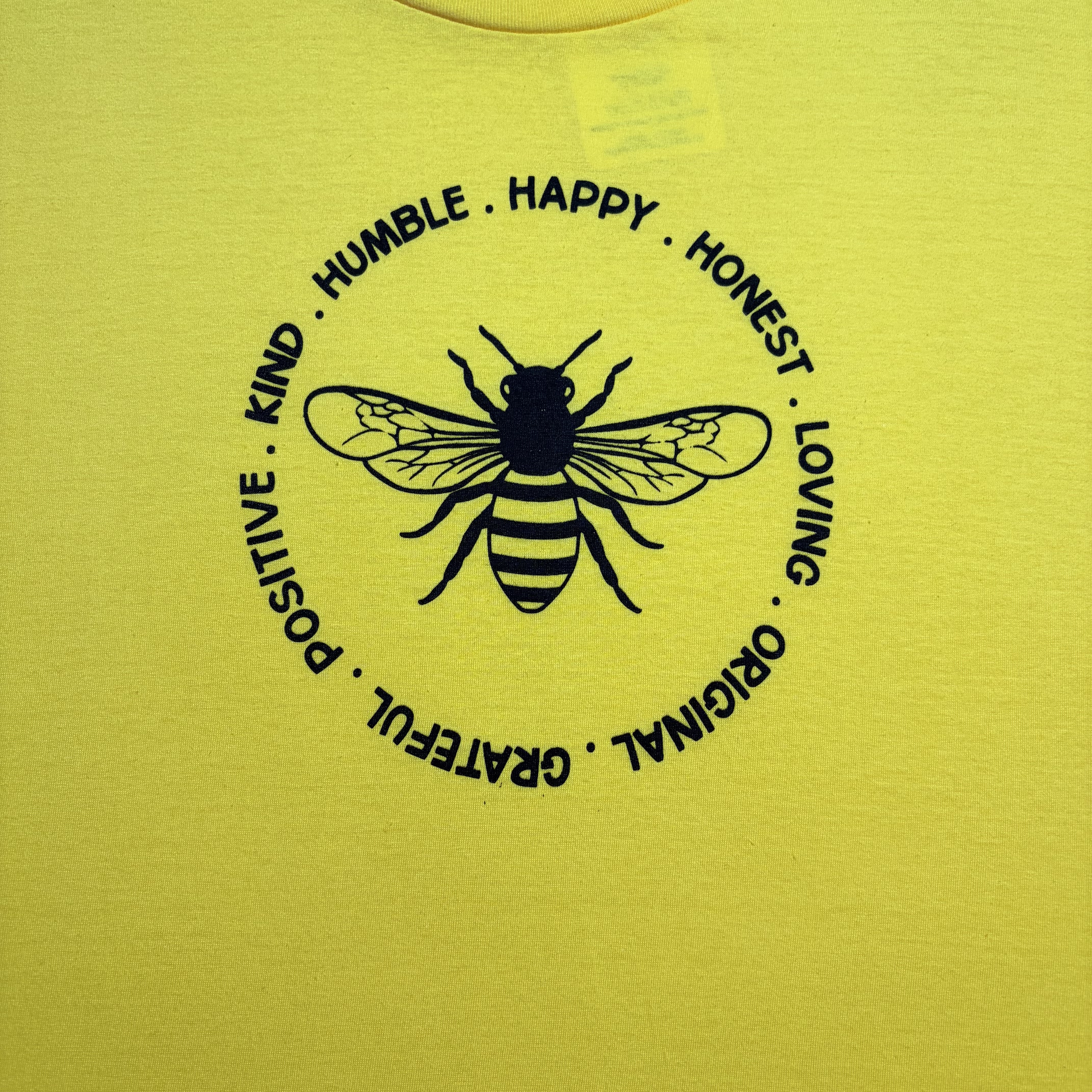 Yellow Bee Graphic Tee – Positive Words Circle Design – Unisex XL