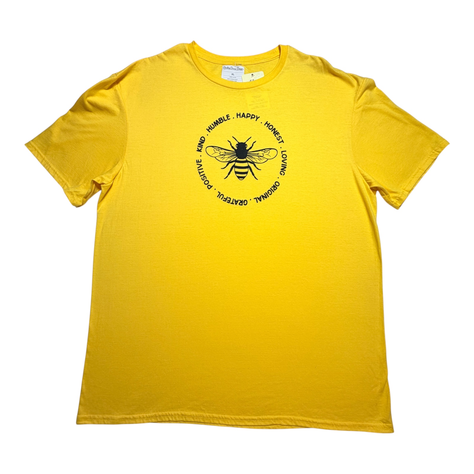 Yellow Bee Graphic Tee – Positive Words Circle Design – Unisex XL