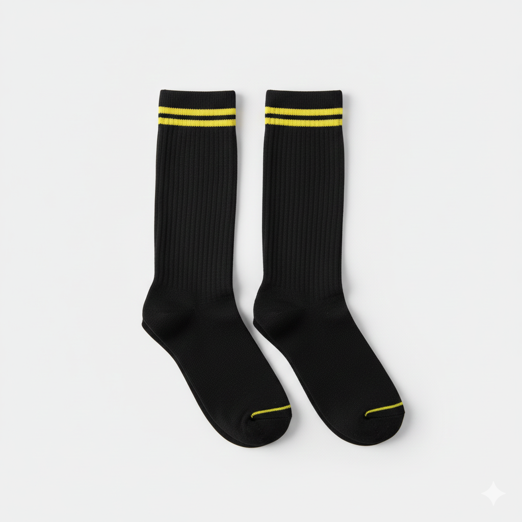 Meias esportivas pretas com listras amarelas