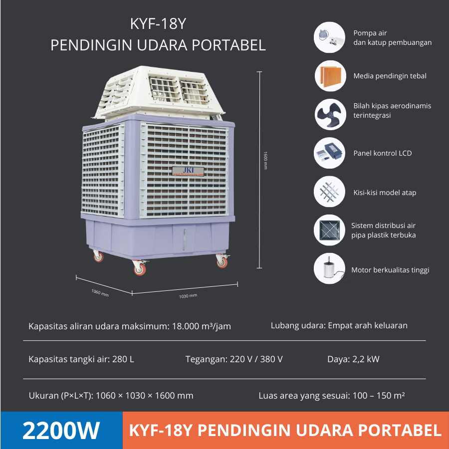 KYF-18Y Pendingin Udara Portabel 2200W | Air Cooler Industri Hemat Energi