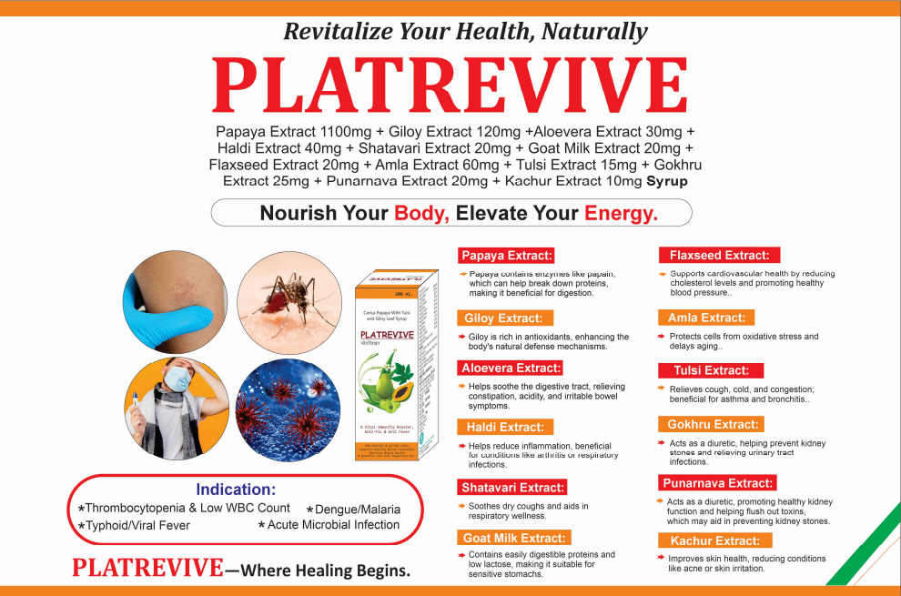 Platrevive Syrup, Natural Immunity Booster with Papaya, Giloy, Tulsi, Aloe Vera, Haldi, and Herbal Extracts, 200ml