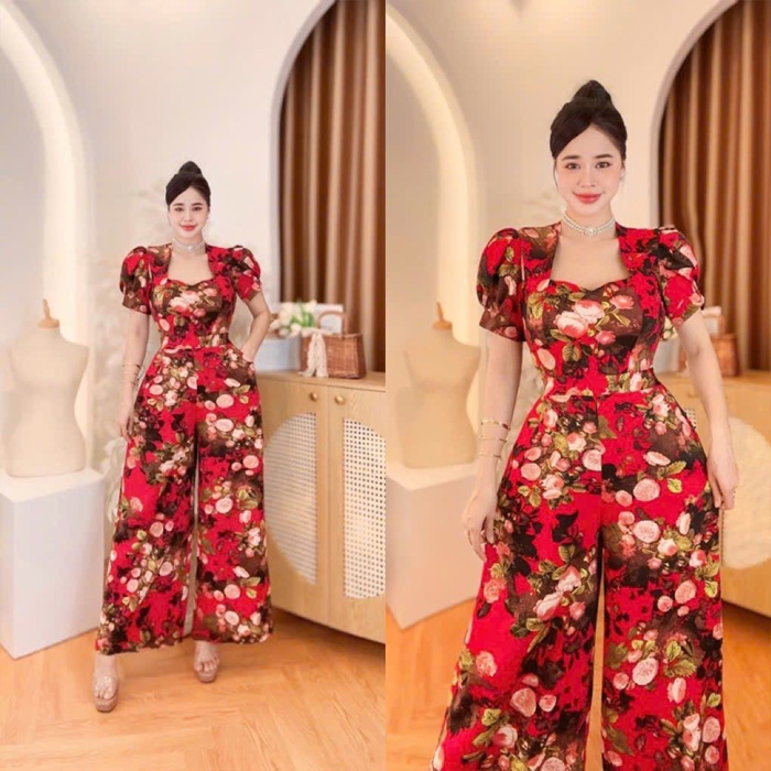 Red Floral Wide-Leg Romper In Dubai