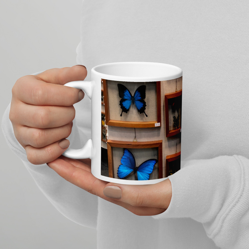 Blue Butterflies White glossy mug