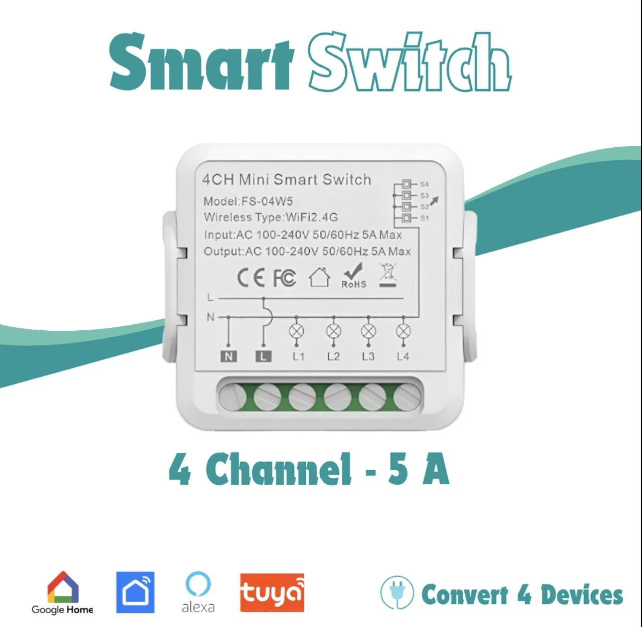 4-Channel Smart WiFi Switch Module 5A