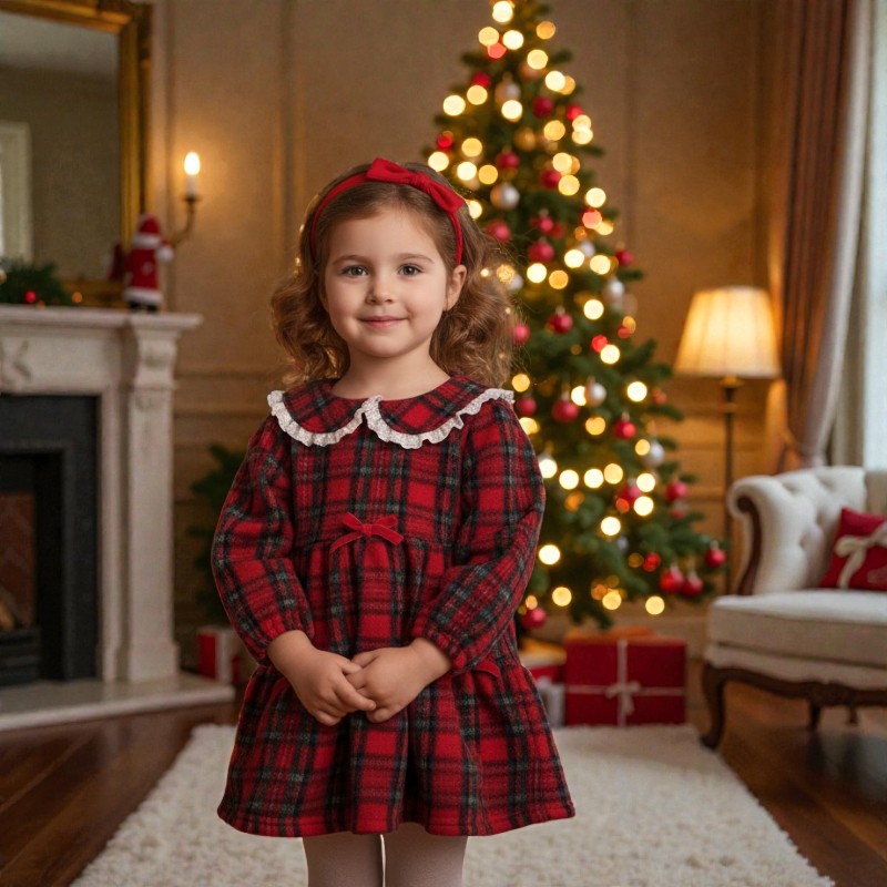 Classic long-sleeve dress with lace collar and bows