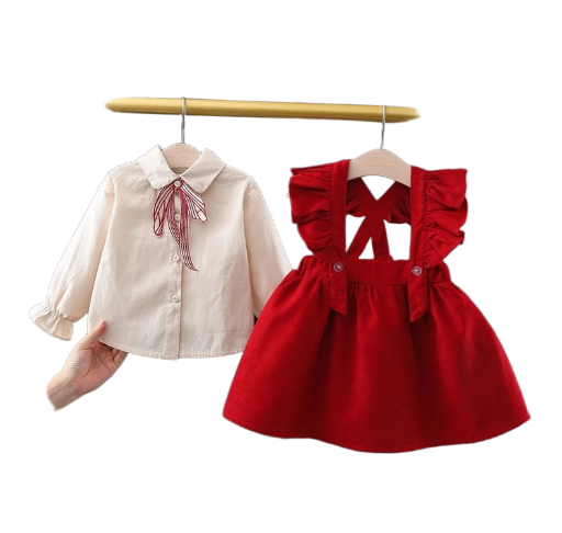 Girls' Red Dress and White Shirt Set