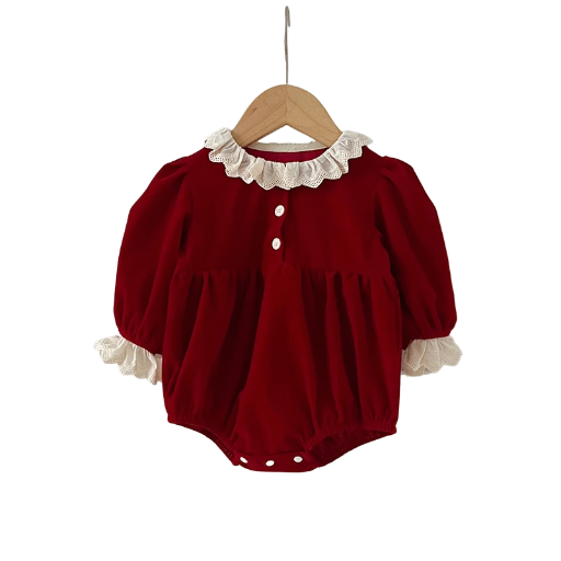 Elegant velvet romper with ruffled collar