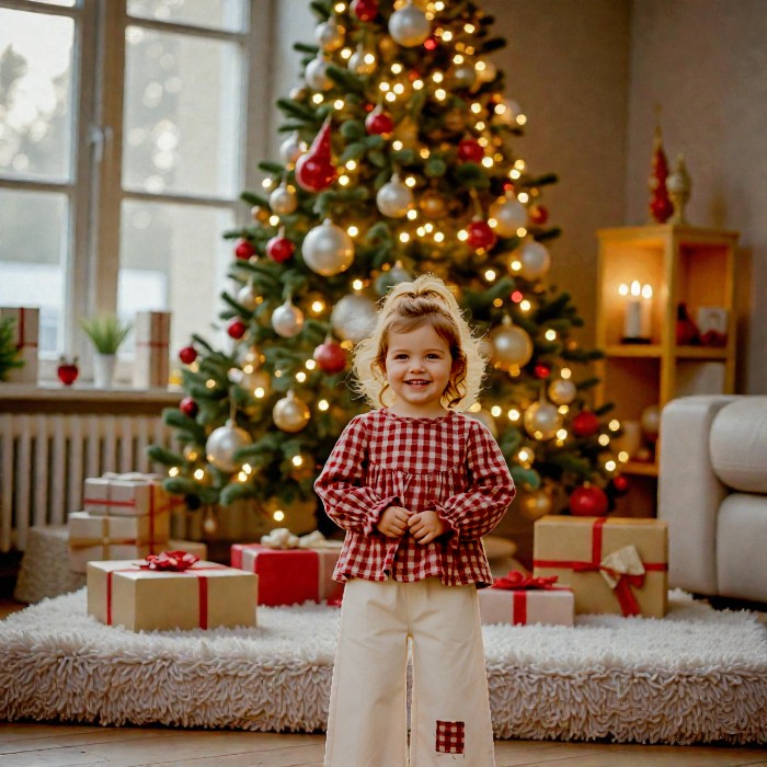 Red plaid top and cream pants with patch detail
