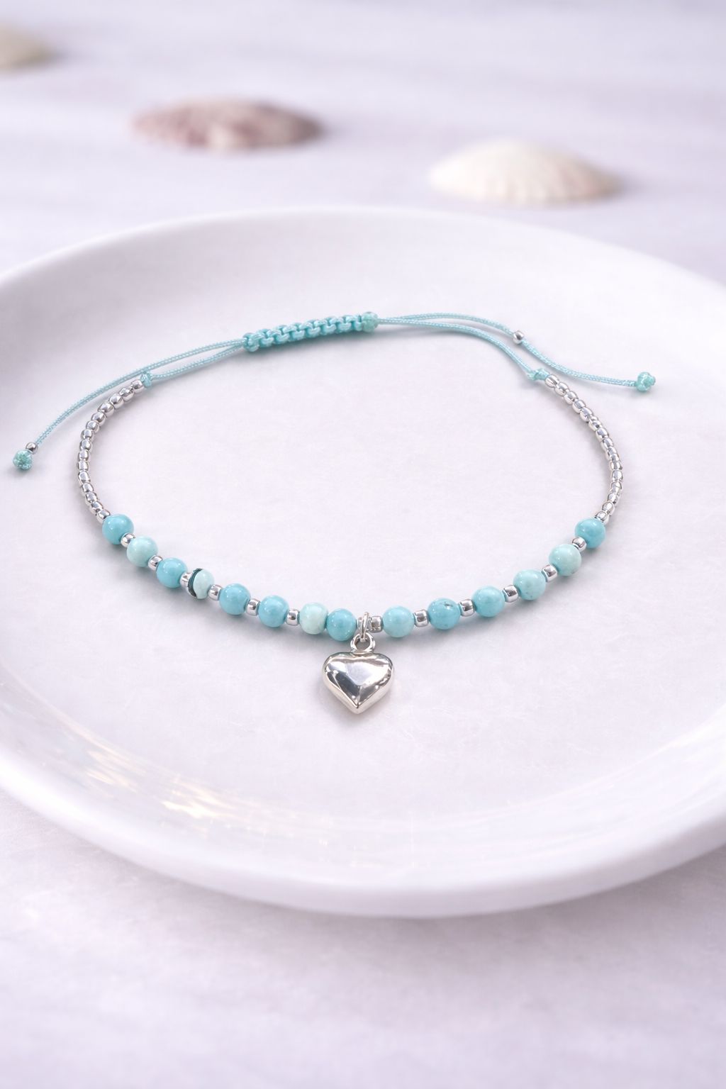Pulsera turquesa y corazón de plata