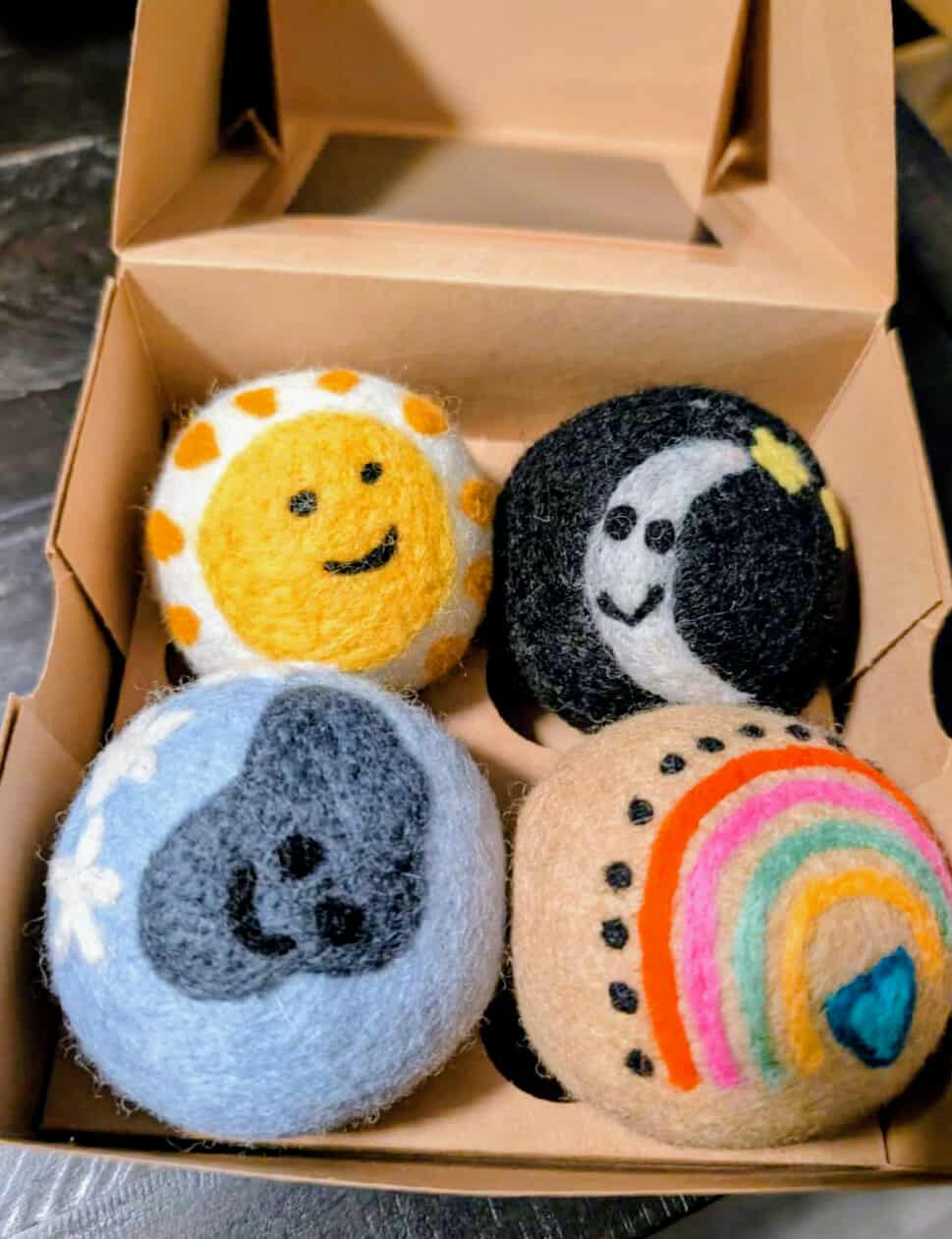 100% Wool Dryer Balls for Laundry – Natural, Anti-Static, 4-Pack - sun/clouds/moon/rainbow
