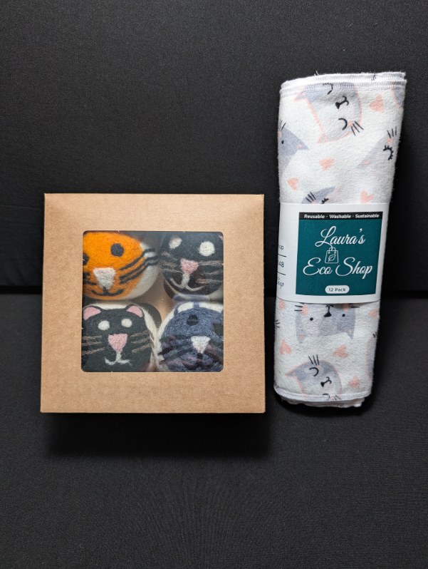 Cat Face Wool Dryer Balls & Eco Paperless Towel Set