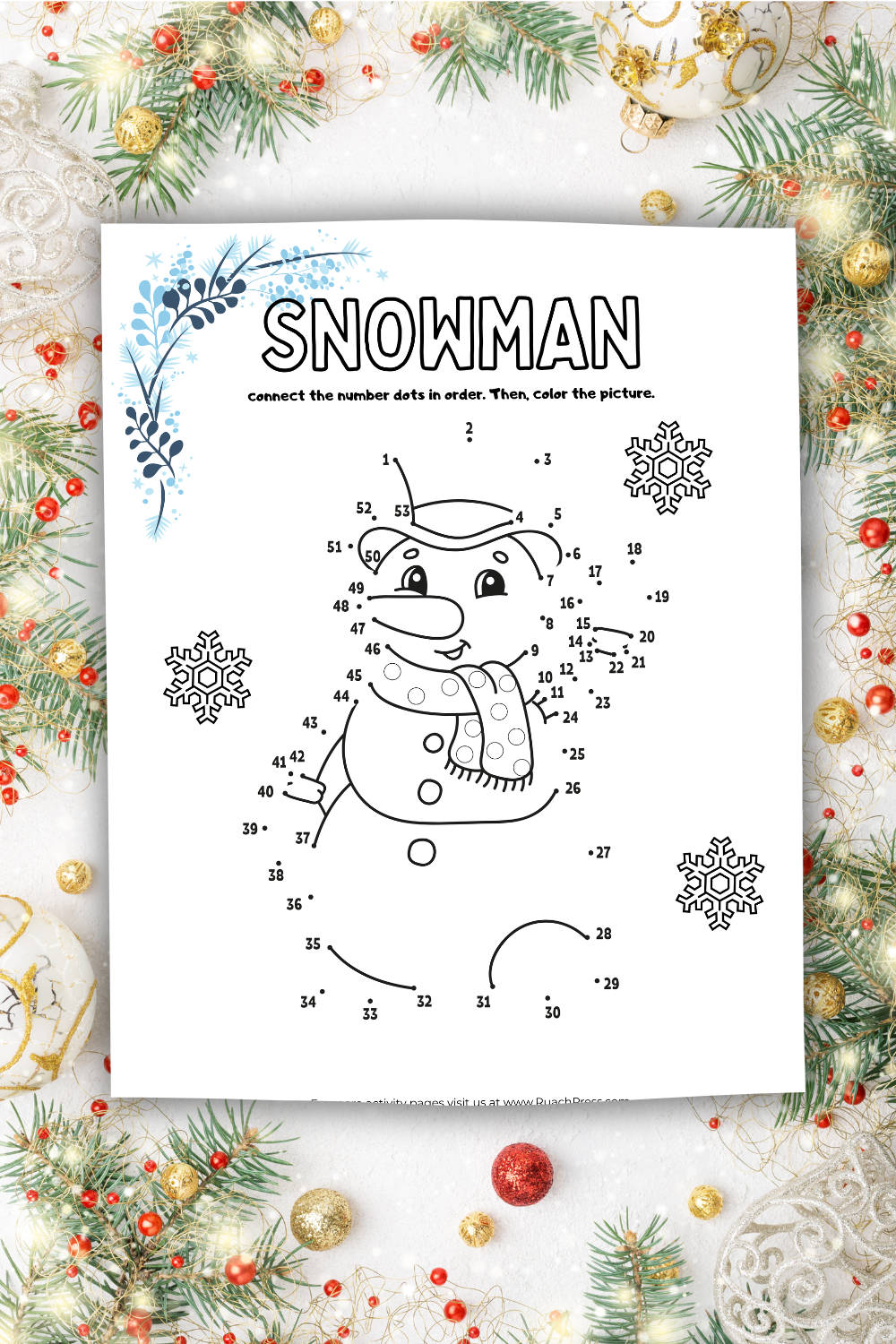 FREE Snowman and Holiday Dot-to-Dot Coloring Page