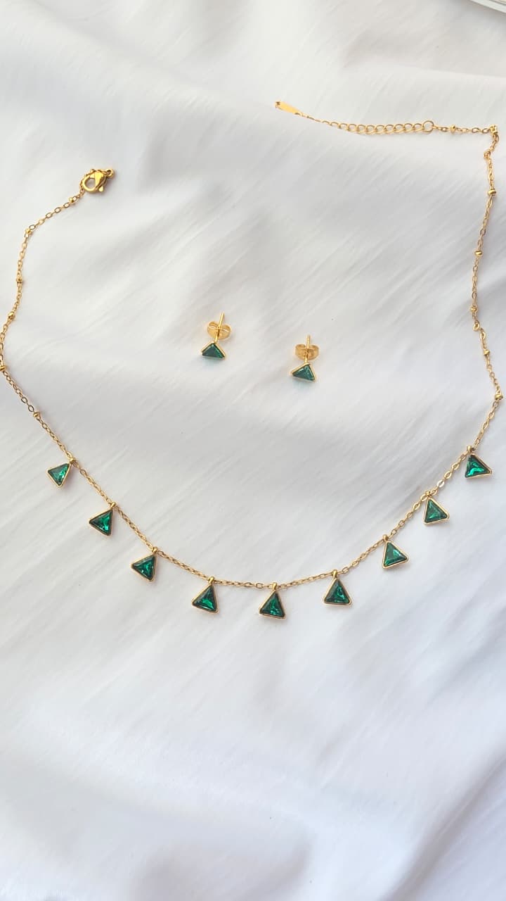 Emerald Triangle Necklace with Earrings