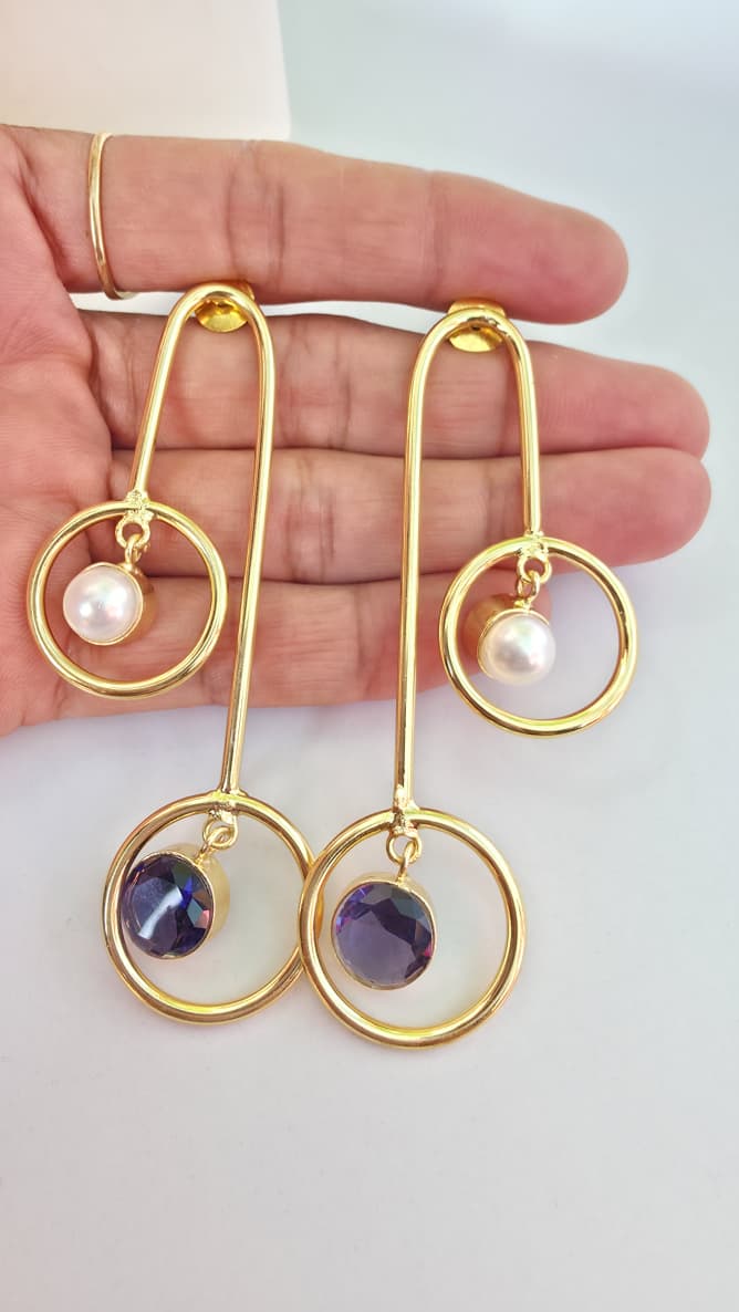 Geometric Pearl & Amethyst Earrings