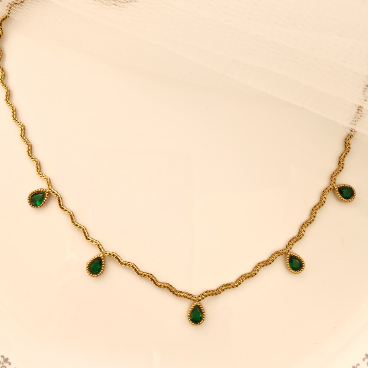 Gold Chain Necklace with Emerald Drops