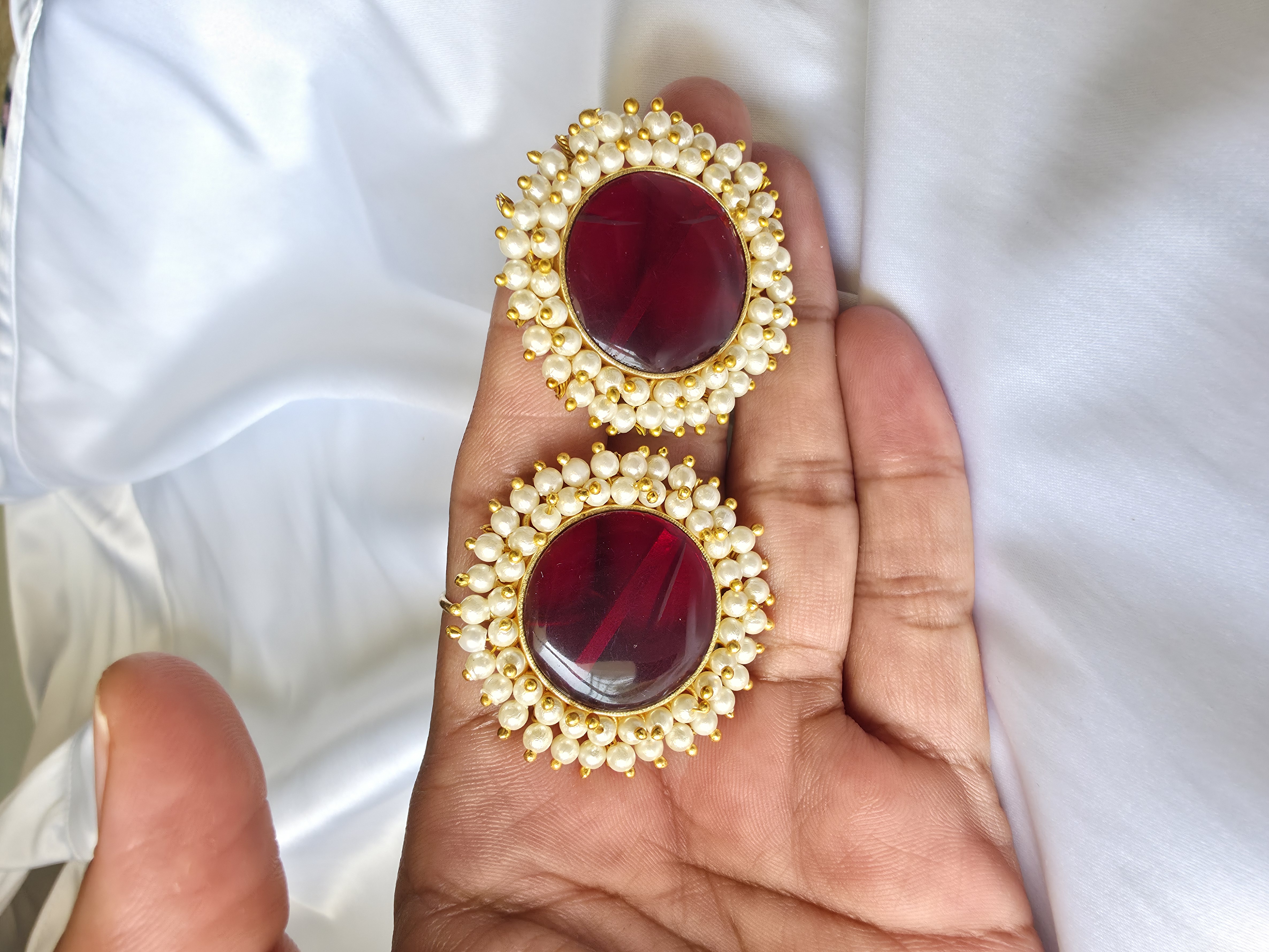 Red Stone Pearl Stud Earrings