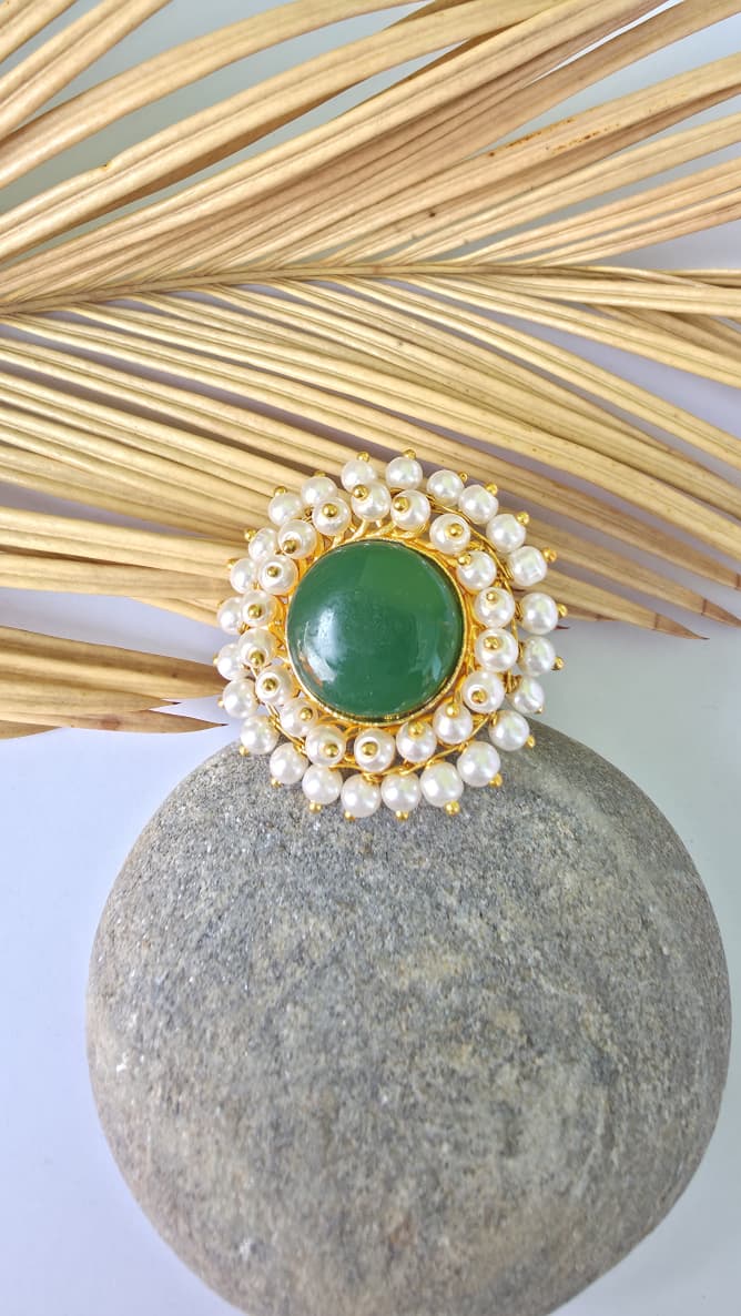 Green Stone Pearl Adjustable Ring