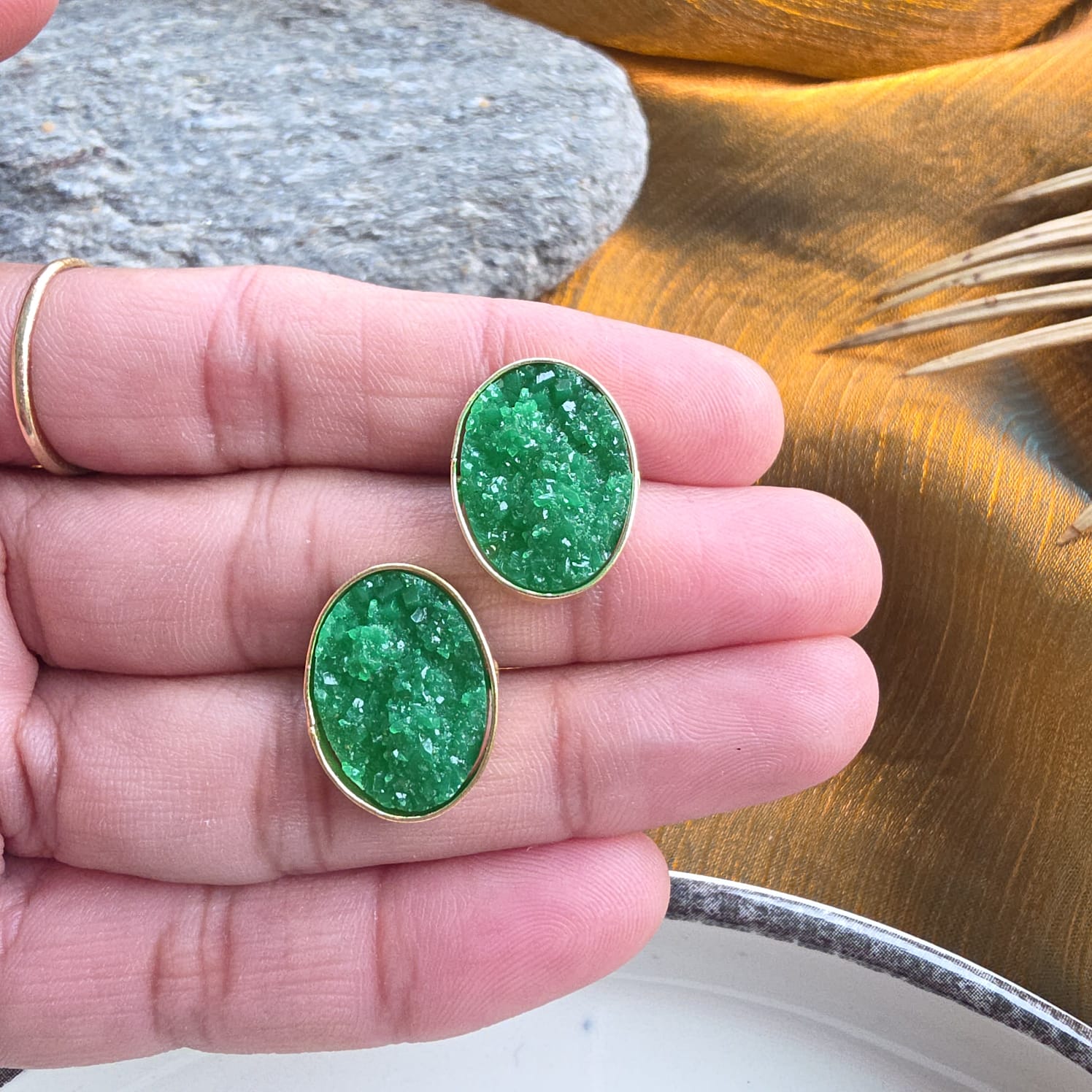 Green Druzy Studs