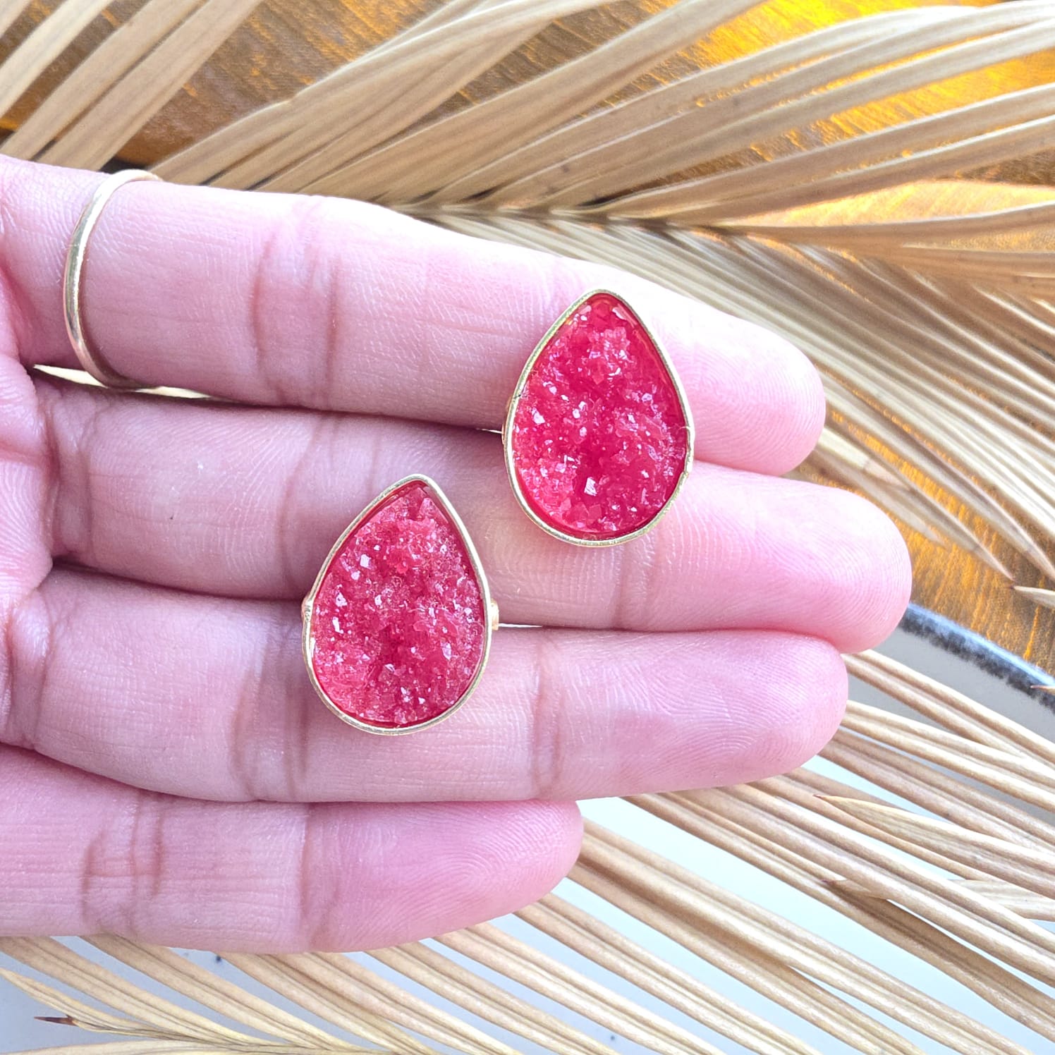 Pink Druzy Teardrop Earrings