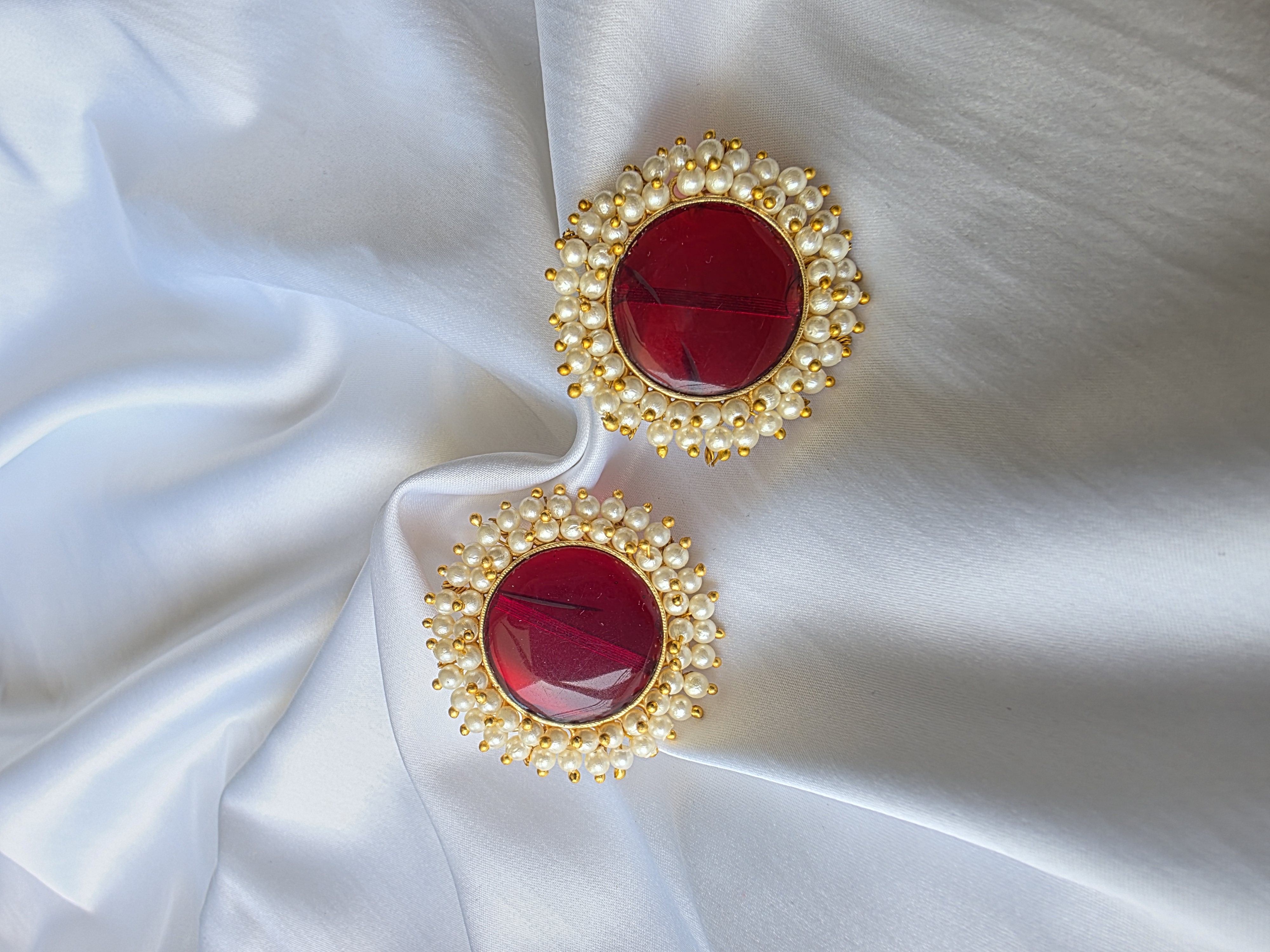 Red Stone Pearl Stud Earrings