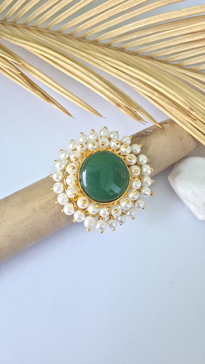 Green Stone Pearl Adjustable Ring