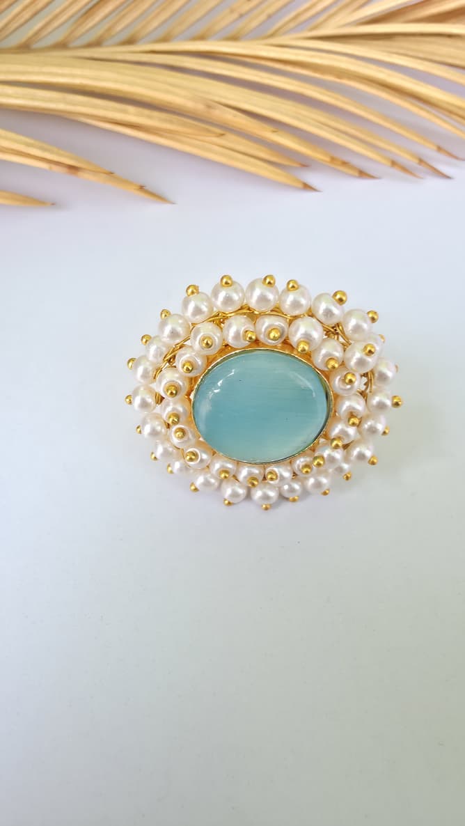 Blue Stone Pearl Adjustable Ring