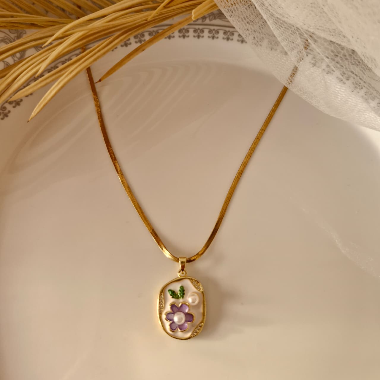 Lavender Dew Enamel Pendant Necklace