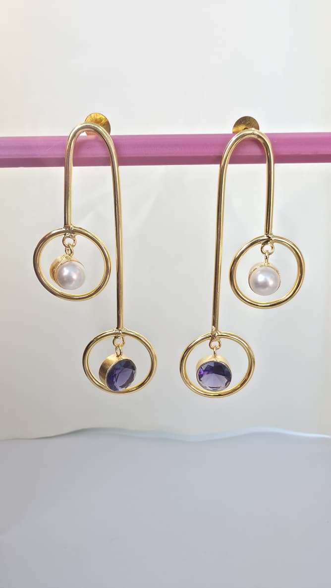 Geometric Pearl & Amethyst Earrings