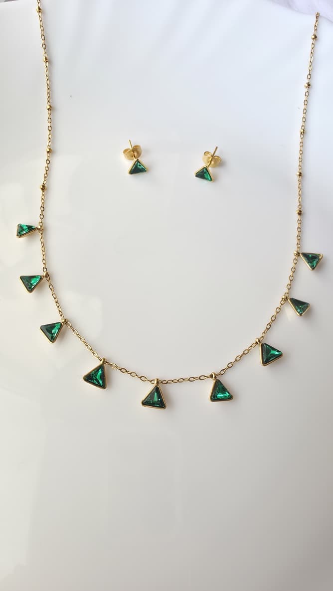 Emerald Triangle Necklace with Earrings