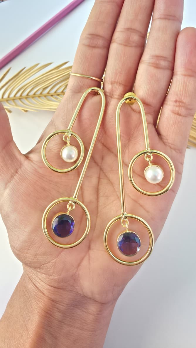 Geometric Pearl & Amethyst Earrings