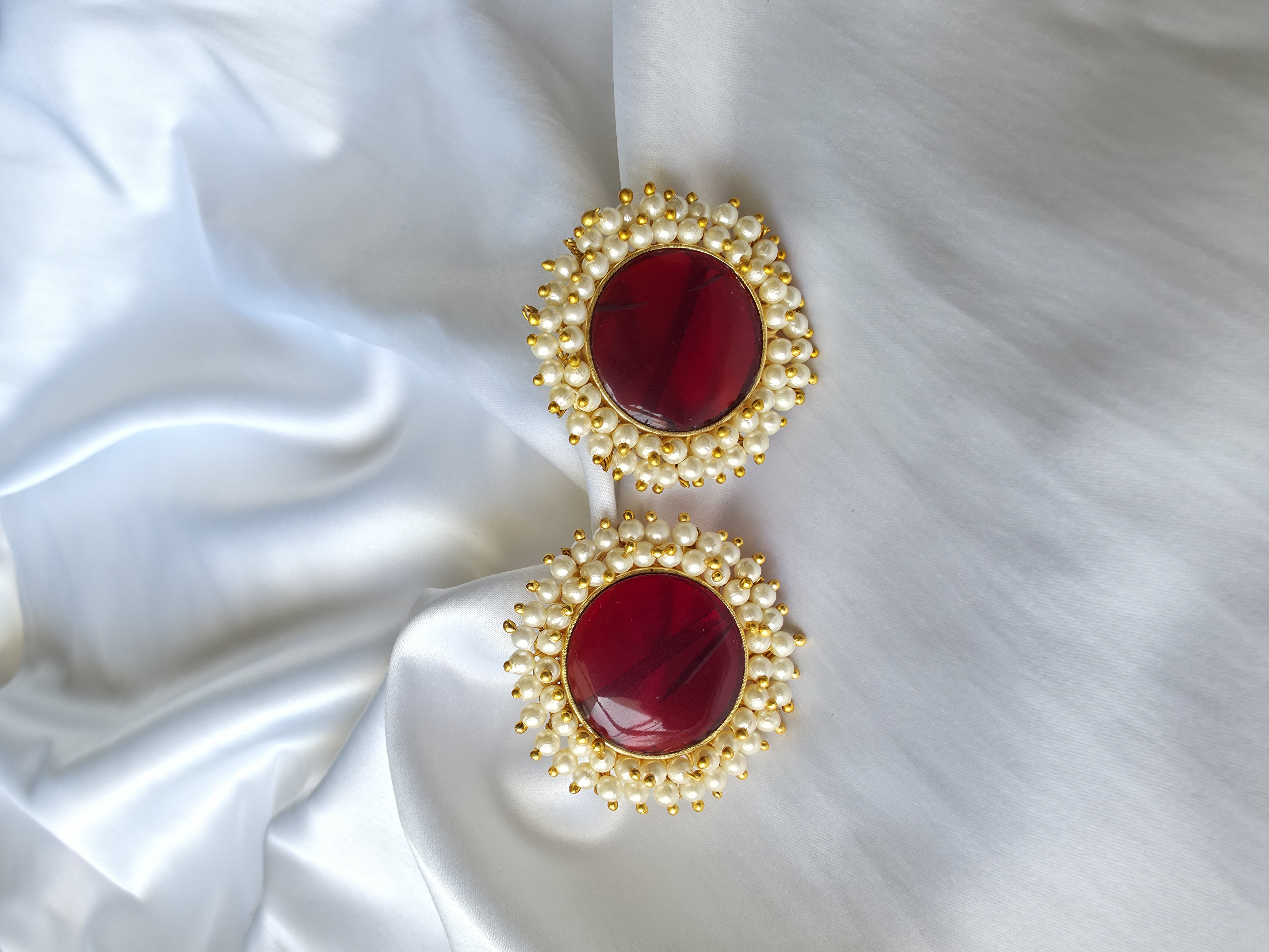 Red Stone Pearl Stud Earrings