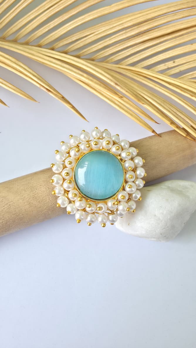 Blue Stone Pearl Adjustable Ring