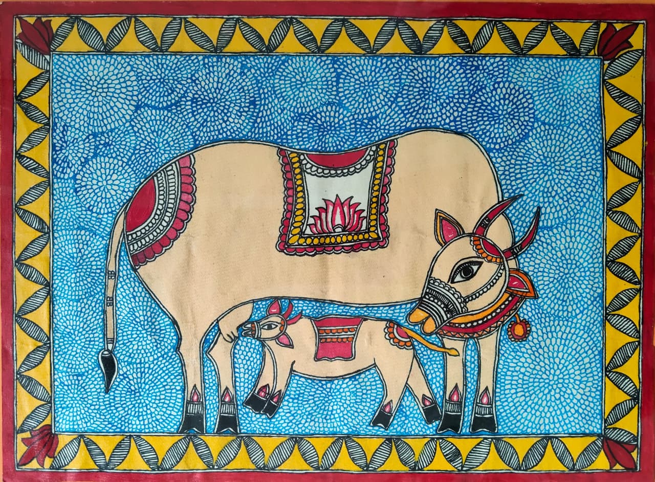 Madhubani Cow and Calf Painting