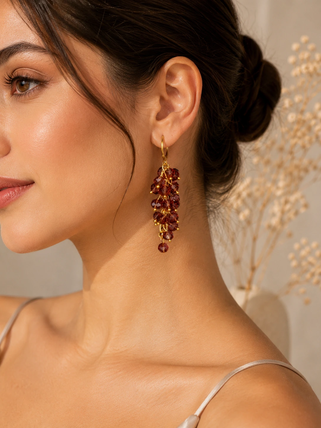 Handcrafted Garnet Crystal Cluster Drop Earrings – Gold Tone Hoop Dangle Earrings