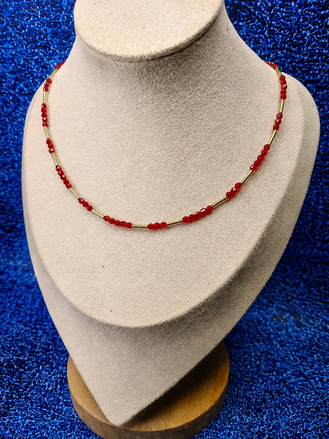 Handcrafted Crimson Crystal Beaded Necklace with Gold Accents