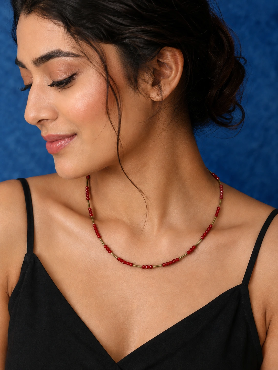 Handcrafted Crimson Crystal Beaded Necklace with Gold Accents