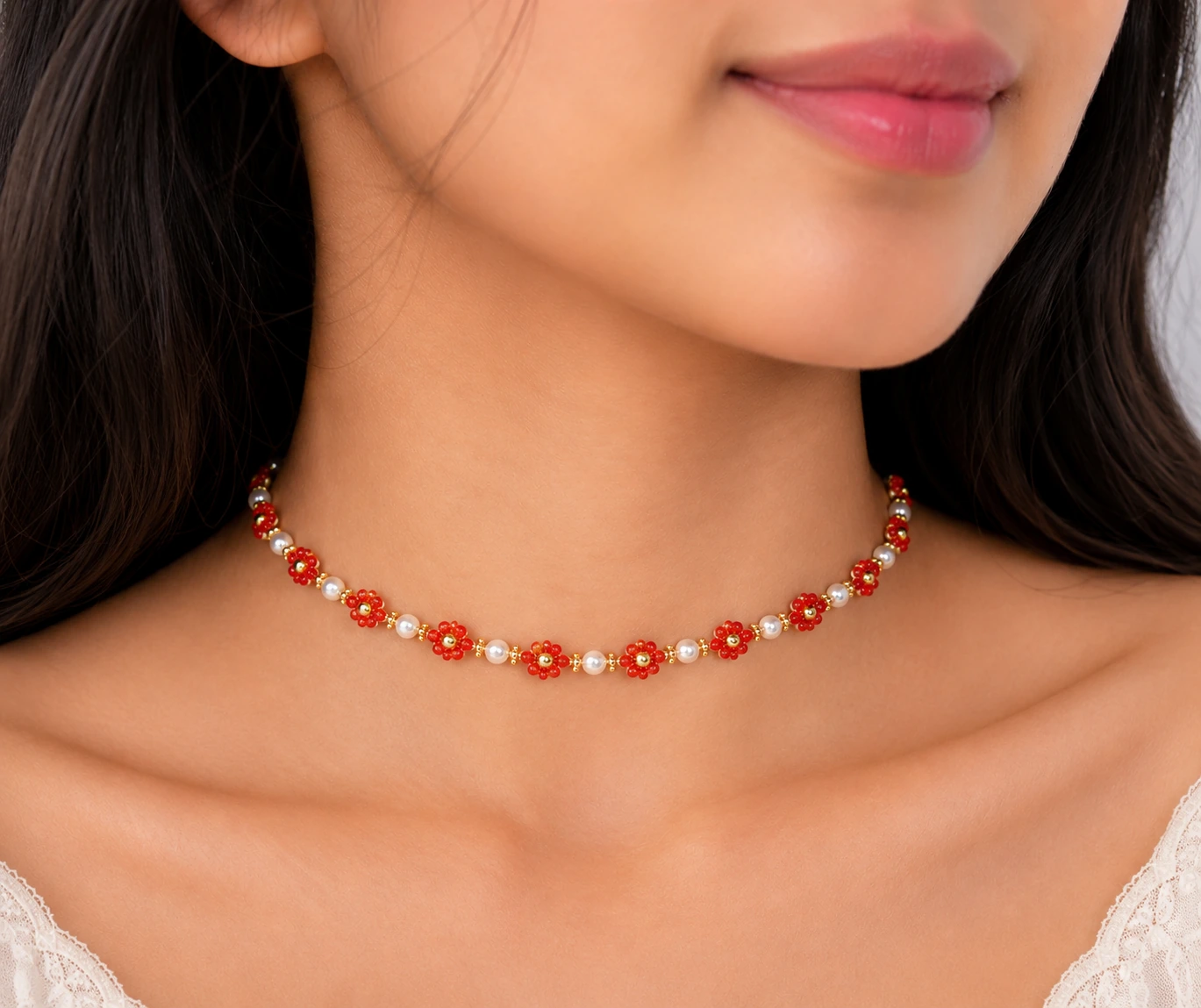 Handcrafted Scarlet Blossom Pearl Choker Necklace – Floral Crystal Bead Necklace