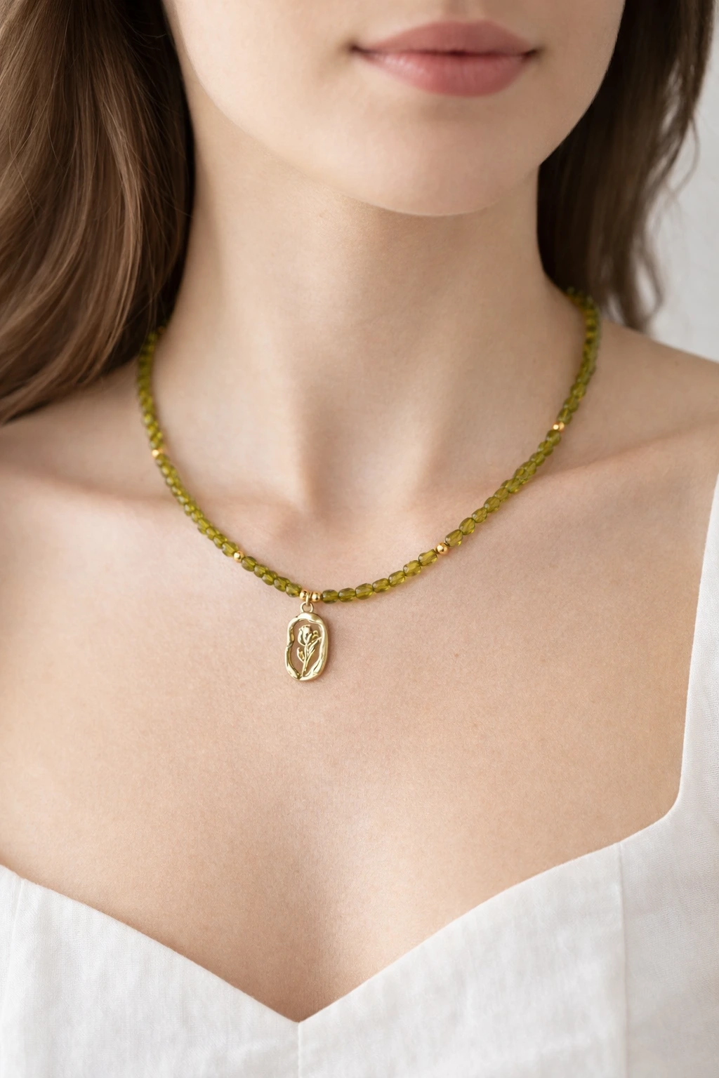 Olive Green Beaded Pendant Anti Tarnish Necklace