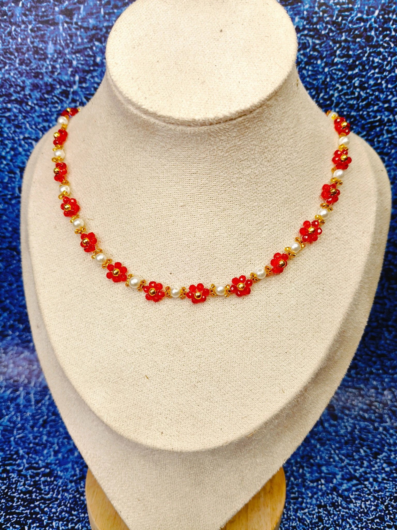 Handcrafted Scarlet Blossom Pearl Choker Necklace – Floral Crystal Bead Necklace