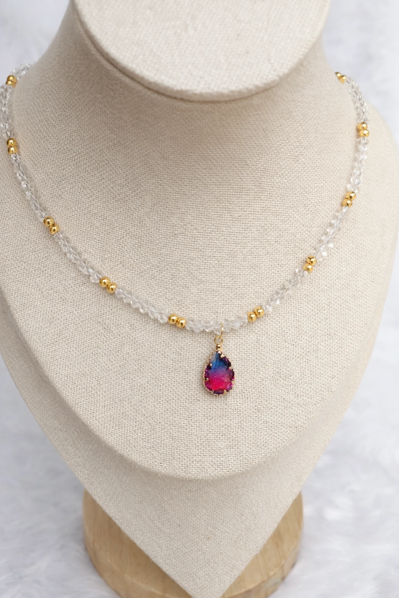 Crystal Bead Necklace with Pink Pendant - Anti Tarnish