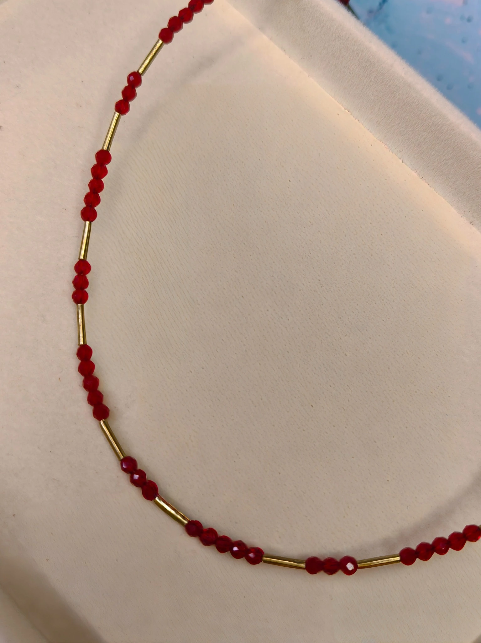 Handcrafted Crimson Crystal Beaded Necklace with Gold Accents