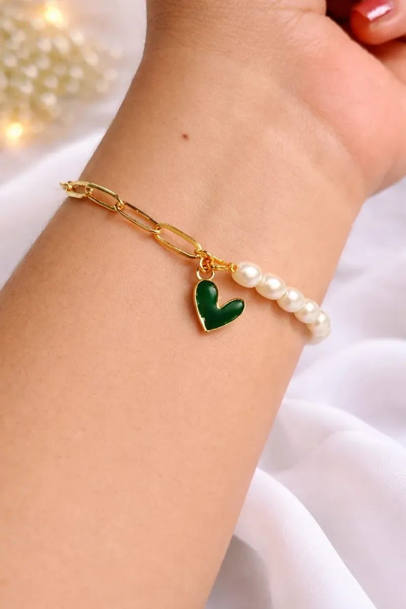 Gold & Pearl Heart Charm Bracelet
