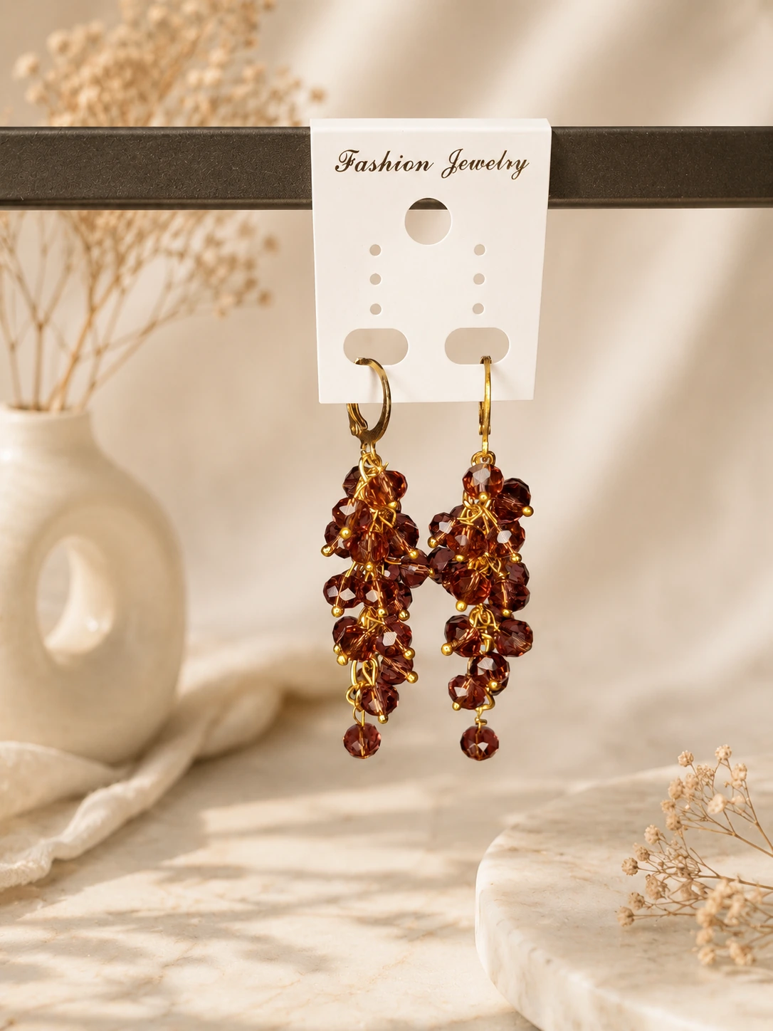 Handcrafted Garnet Crystal Cluster Drop Earrings – Gold Tone Hoop Dangle Earrings