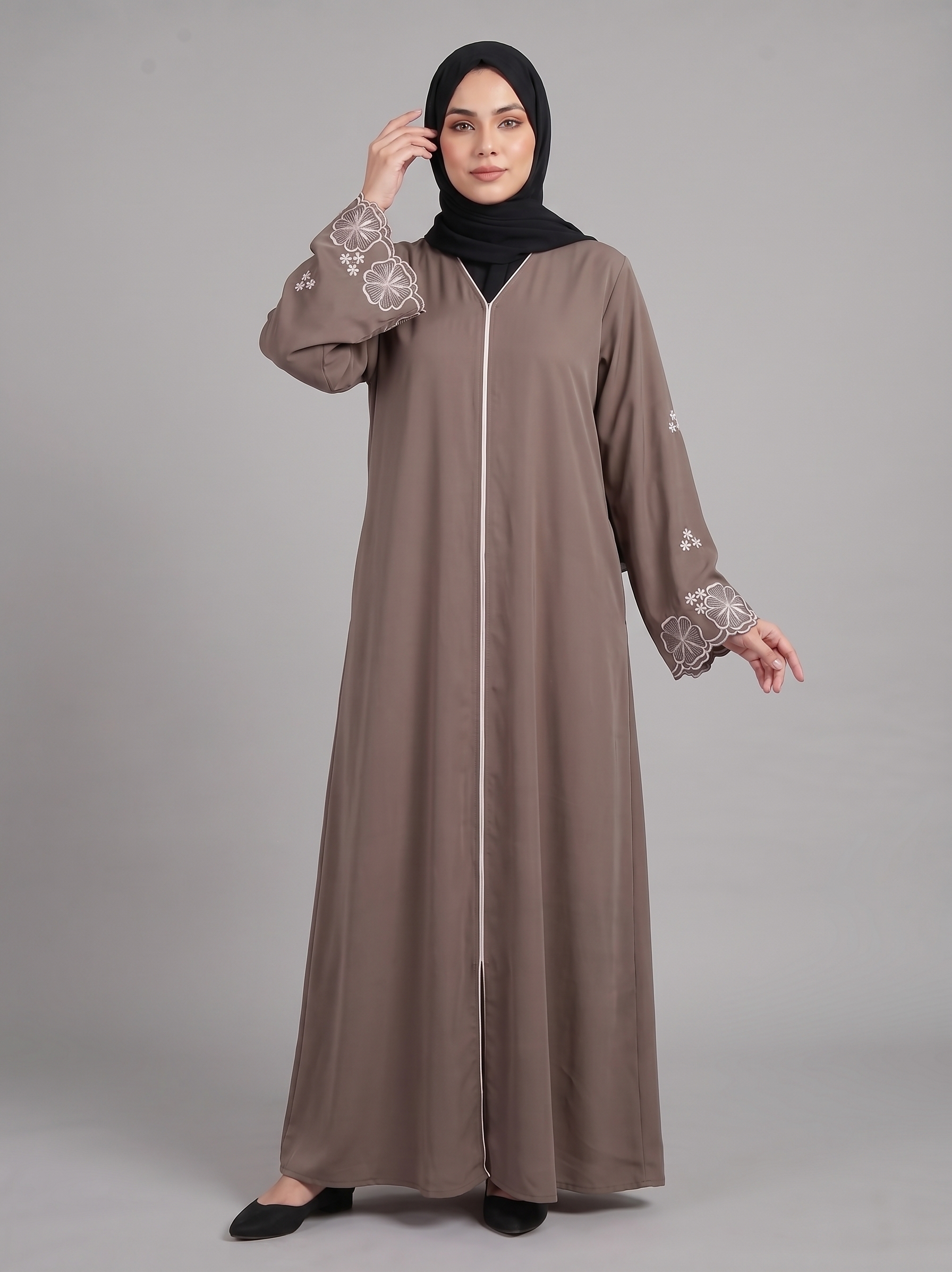 Malik Abaya Premium Imported Husna Floral Embroidered Front Open Abaya