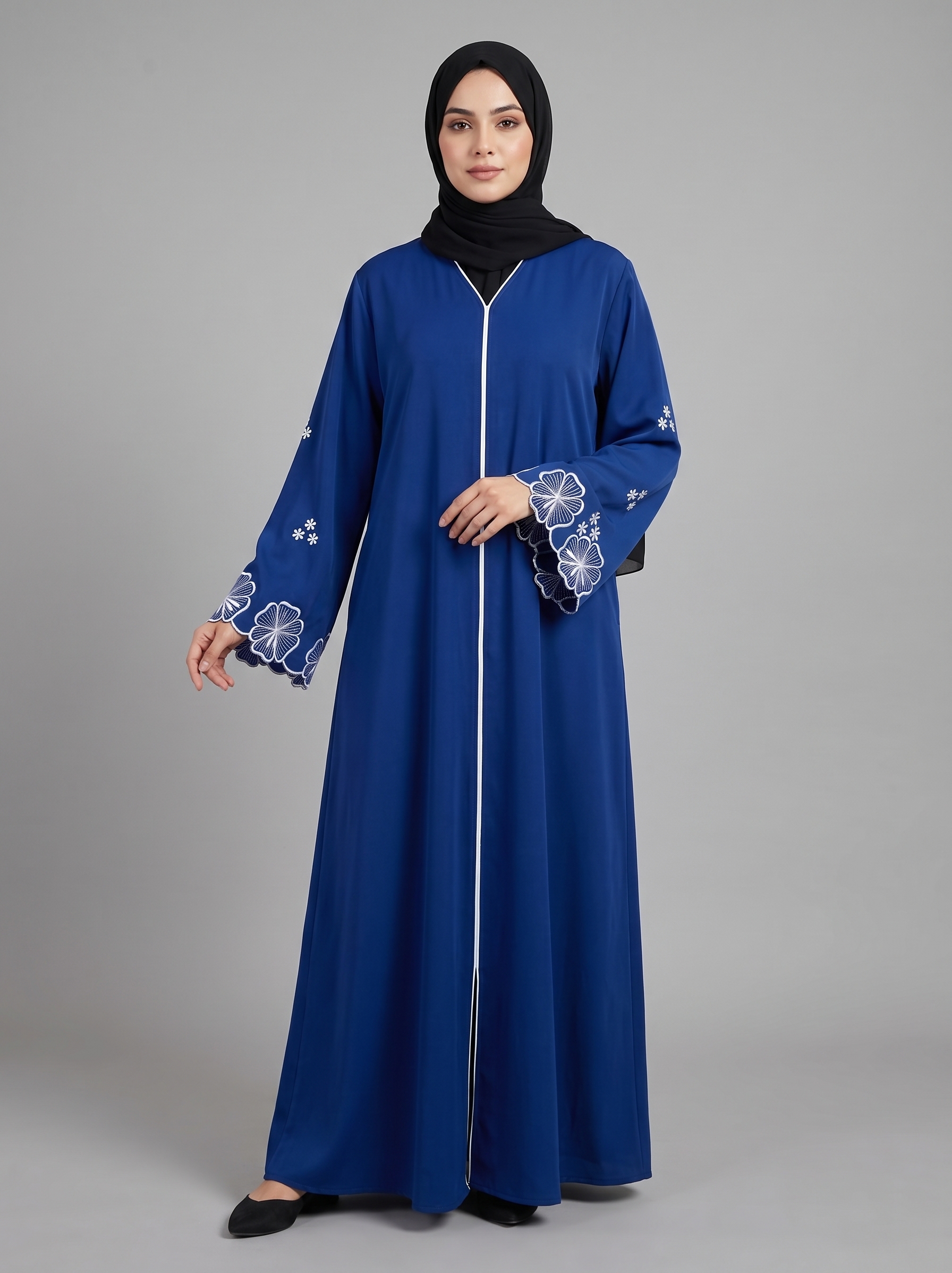 Malik Abaya Premium Imported Husna Floral Embroidered Front Open Abaya