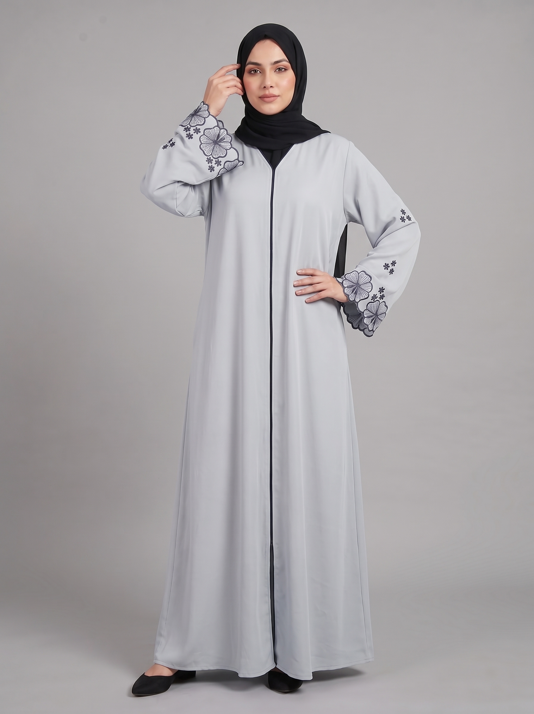 Malik Abaya Premium Imported Husna Floral Embroidered Front Open Abaya