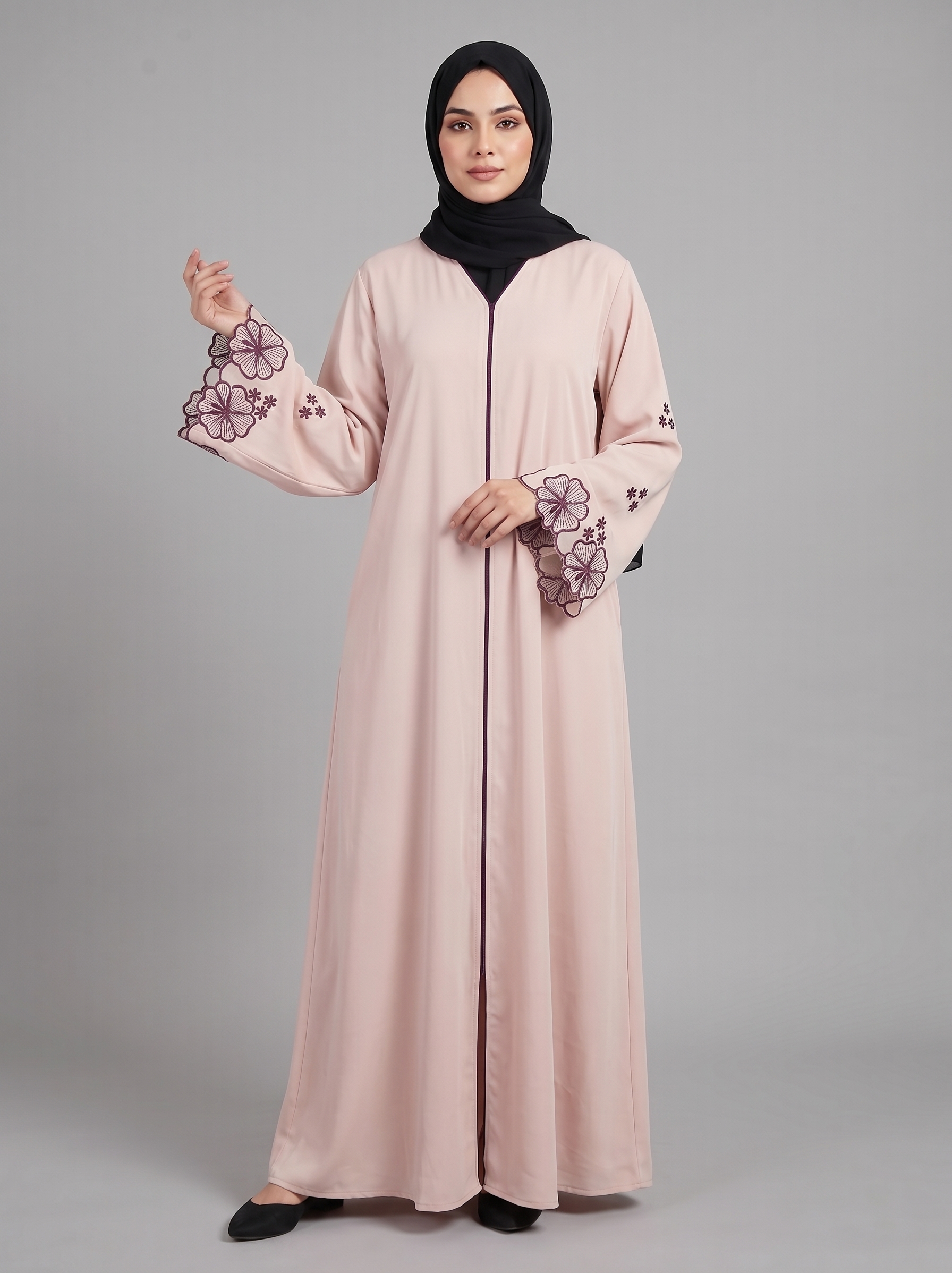 Malik Abaya Premium Imported Husna Floral Embroidered Front Open Abaya