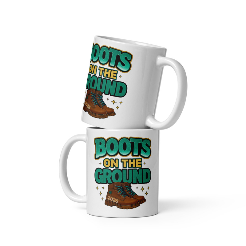 White glossy mug Boots on the Ground 2026