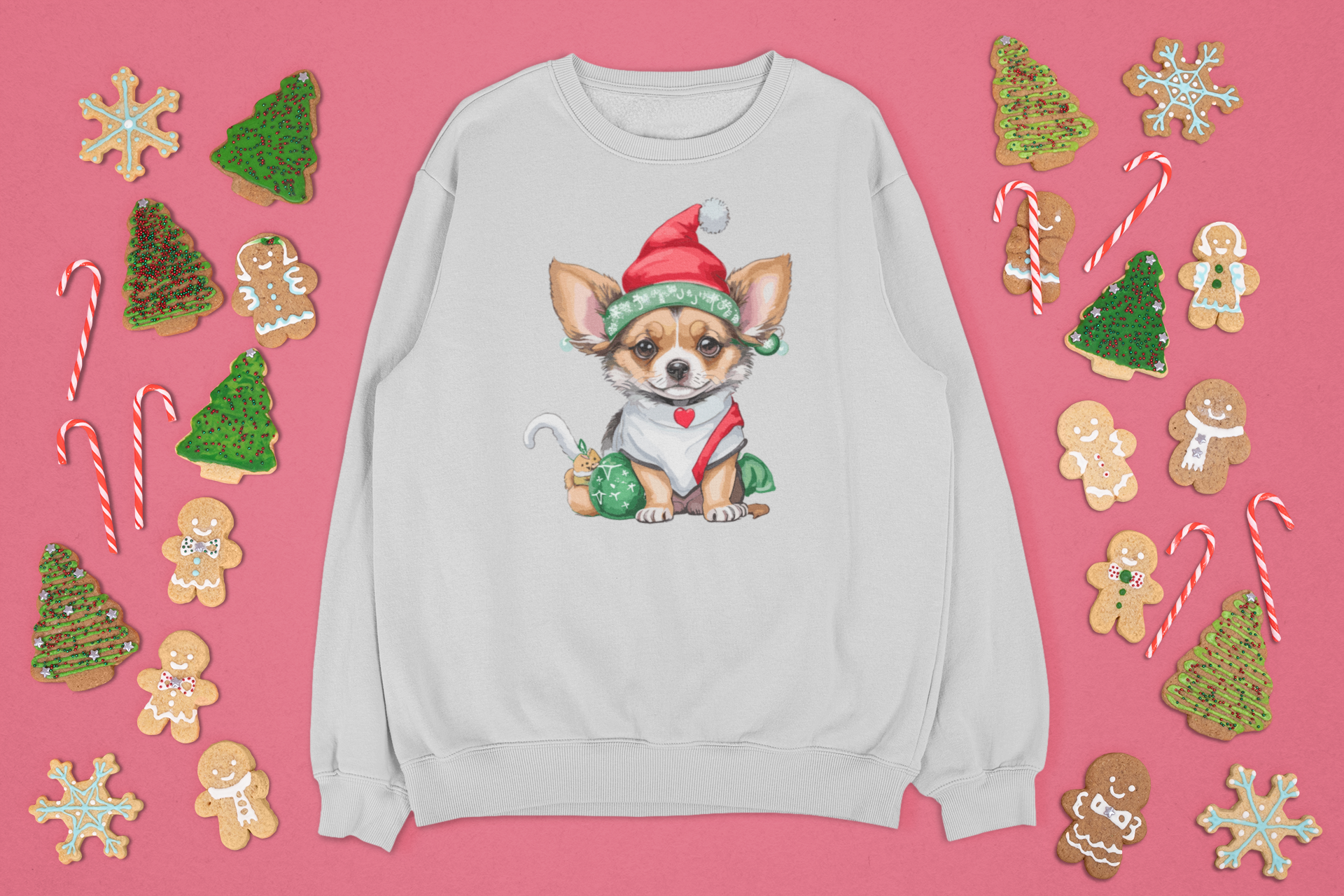 Kalėdinis džemperis su šuniuko iliustracija