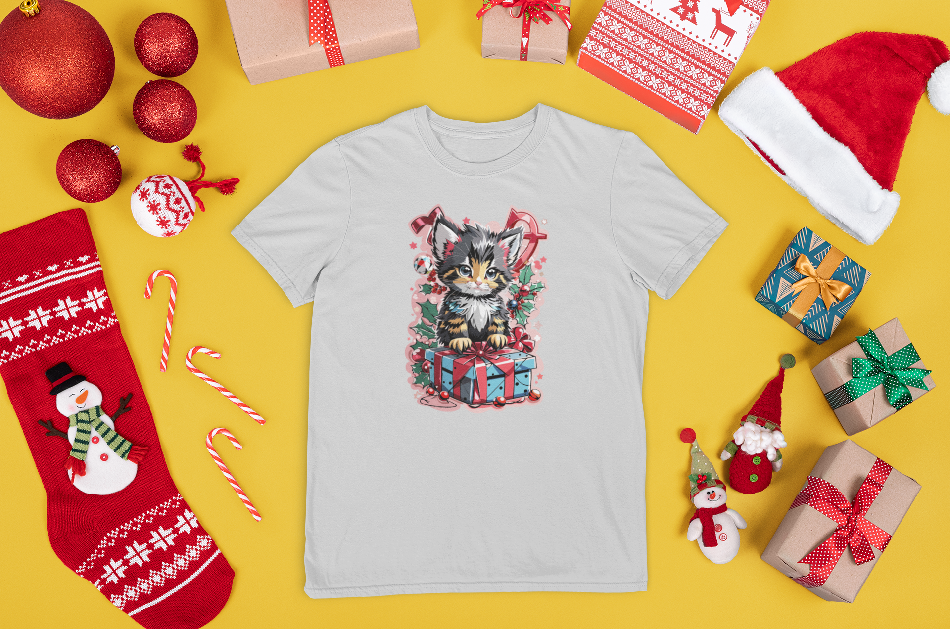 Kalėdiniai marškinėliai su katinu